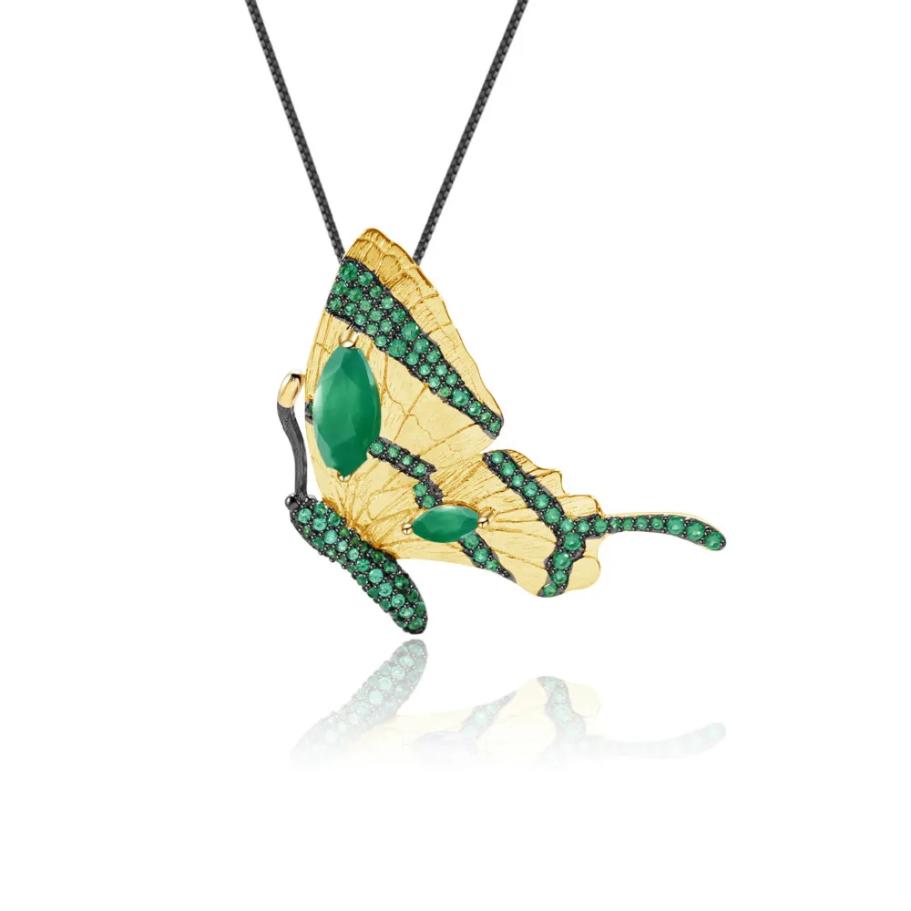 

GEM'S BALLET Handmade Stripe Butterfly Pendant 1.5Ct Natural Green Agate Brooch 925 Sterling Silver For Women Fine Jewelry