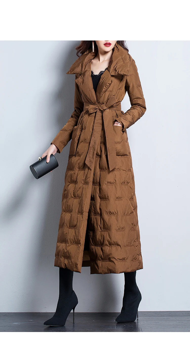 Простой дизайн Зимние Пуховые Пальто с зазубренным вырезом и длинными рукавами, Бандажное дизайнерское пальто с карманами элегантные офисные женские пальто Z2375