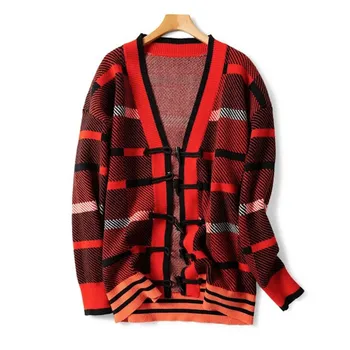 

2020 Early Horn Buckle Knitted Sweater For Women's Plaid Coat Ladies Loose Knitwear Warm Cardigan Female Thick Outwear Top
