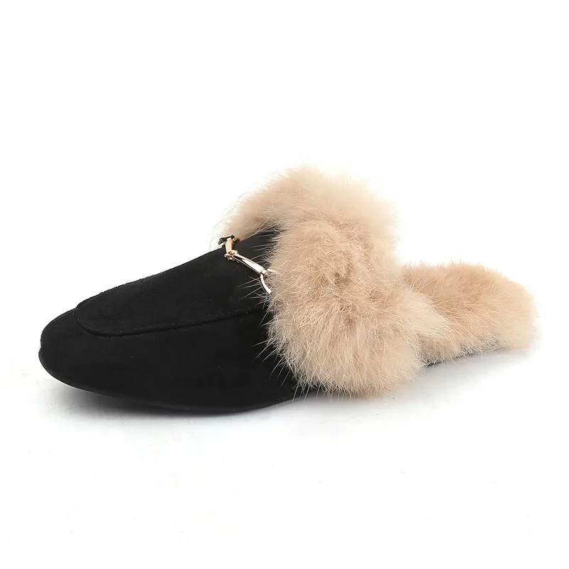 

Winter Slippers for Women Square Toe Real Rabbit Fur Flip Flops Fuzzy Slippers Mules Slipper Suede Women Slides Loafer P115