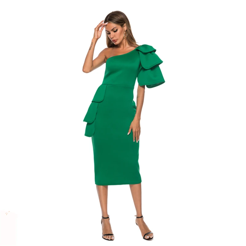 Women Dress One Shoulder Backless Green 