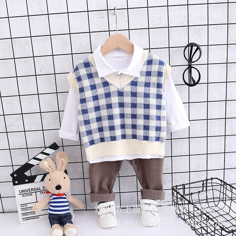 

Childrenswear 2020 New Style Korean-style BOY'S 1-2-3-4-Year-Old Plaid Sweater + Pure Cotton Base Shirt Three-piece Set Factory