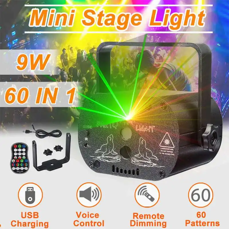 

60 Modes Sound Activated Party Light Strobes Laser Light USB Charging 9W RGB LED Stage Light Christmas Home KTV Party Show Bar