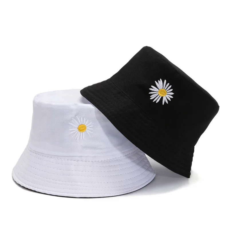 white bucket hat Summer Daisy Embroidery Bucket Hat For Women Girls Foldable Sun Visor Cotton Caps Large Wide Brim Beach Panama Hats 2021 New beach bucket hat Bucket Hats