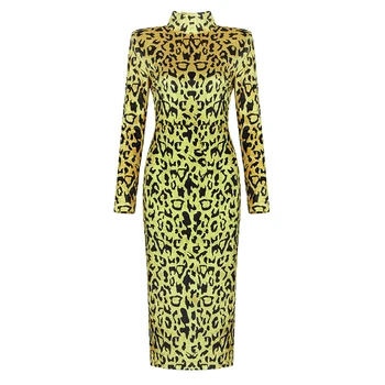 

Leopard Print Sexy Women Dress Long Sleeve High Neck 2019 Autumn Winter Women Party Clothes Bodycon Maxi Dress