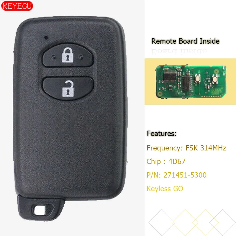 KEYECU Smart Key 2 кнопки FSK 314 МГц 4D67 для Toyota Prius Aqua Corolla Axio Vitz-P/N: 271451-5300 черный
