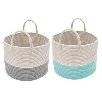 

2 Pcs Storage Baskets Cotton Rope Basket Woven Baby Laundry Basket Laundry Hamper with Handles, Blue & Grey