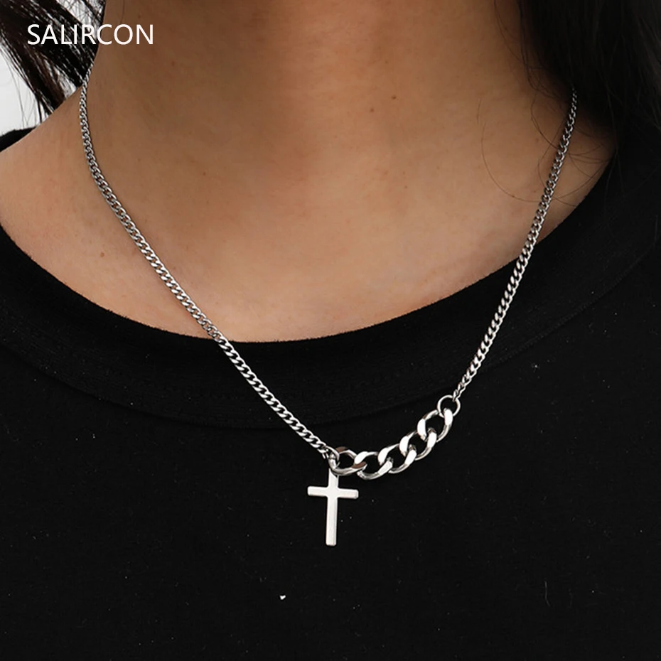 

Salircon Punk Stainless Steel Cross Pendant Choker Necklace Goth Link Chain Silver Color Short Necklace For Women Men Jewelry