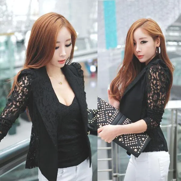 

Fashion Korean Slim Coat Office Clothes Women Sexy Long Sleeve Lace Coat Crochet Small Blazer Jacket feminino