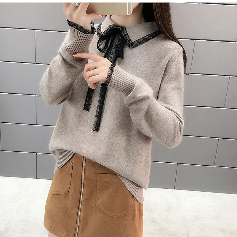 

Women Sweater Fashion Casual Spring Autumn Solid Color Buttons Work Office Pullover Slim Knitted Sweaters Bow Turn-down Collar