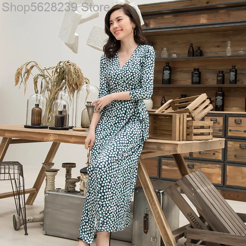 

Summer 2020 Green Bottom Small White Dot Printing Socialite Temperament Wrap Skirt Knitting Dress Female
