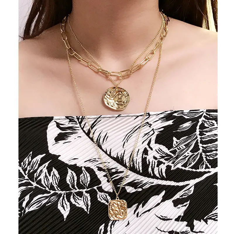 JUST FEEL Vintage Gold Silver Color Portrait Round Coin Choker Necklace Women Multi-layer Pendant Necklace Statement Accessories