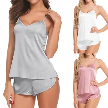 

2S#Women Sexy-Lingerie Sleepwear Satin Silk Babydoll Up Nightwear Pajamas Set lingerie Camis+Short pijama mujer sleepwear