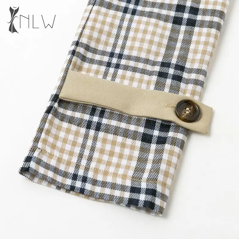 NLW Elegant Plaid Long Trench Coat Women Autumn Winter Sash Patchwork Coats Vintage Streetwear Button Outerwear