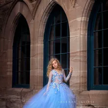 Бальное платье голубого цвета, Детские Пышные Платья, Платья с цветочным рисунком для девочек на свадьбу, платье для первого причастия с длинными рукавами и аппликацией из бисера