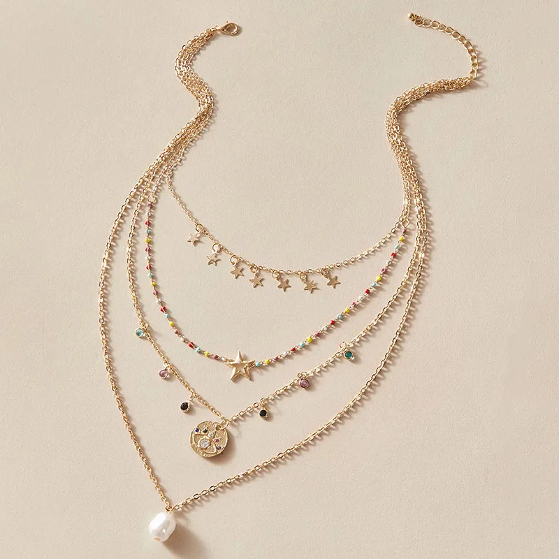 

HuaTang Boho Crystal Round Sun Pendant Necklace for Women Multilayer Colorful Bead Gold Star Charming Necklaces Female Jewelry