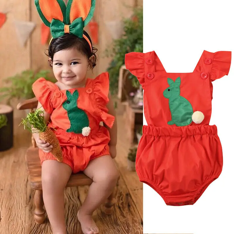 

2020 Infant Kids Baby Girls Clothes Cute Easter Rabbit Bunny Cotton Ruffle Short Sleeve Romper Jumpsuit Outfit 0-24M Costume