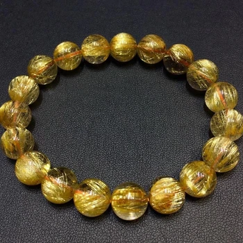 

10.5mm Natural Brazil Gold Rutilated Titanium Quartz Bracelet Woman Man Wealthy Stone Clear Round Beads Crystal Charms AAAAAA
