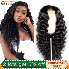 QT 4*4 Кружева Закрытие человеческих волос парики бразильские свободные глубокая волна для черных женщин предварительно сорванные Кружева Закрытие человеческих волос парик