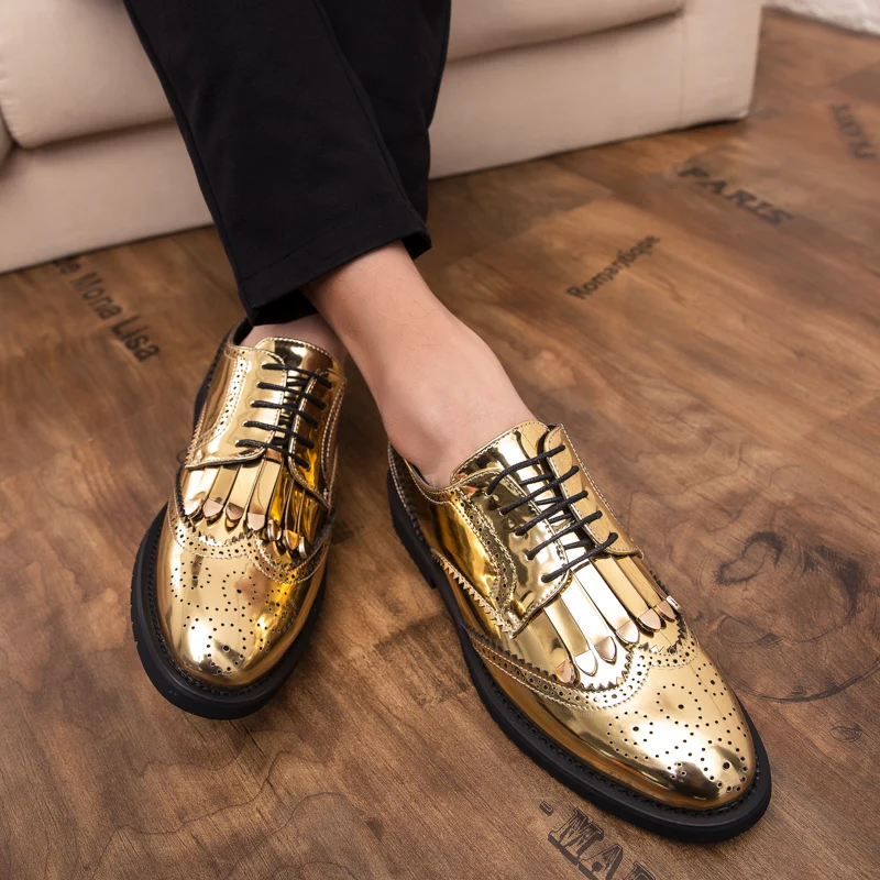 

GOODRSSON spring autumn patent leather men leisure golden shoes smooth lace up party man shoes outdoor walk footwear drop ship