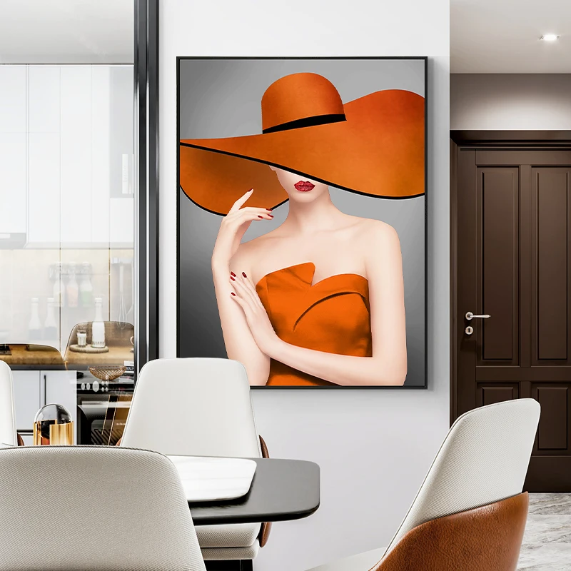 

Morden Fashion Woman Picture Wall Art Canvas Painting Nordic Poster Orange Wall Picture for Entrance livingroom Home decor