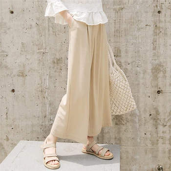 

ZCWXM New 2020 Spring Summer Women Trousers Straight High Waist Elasticity Pleated Casual Wide Leg Ankle-Length Pants P0427