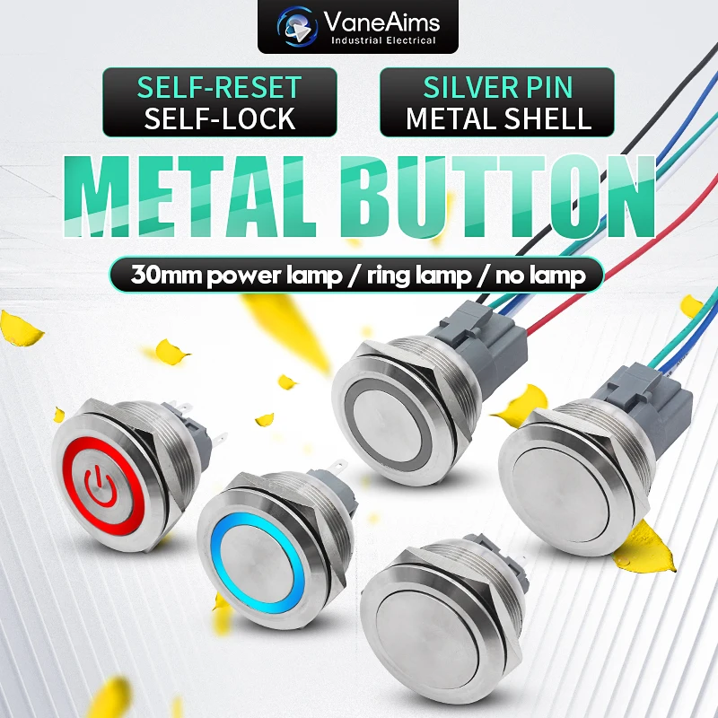 순간 금속 버튼 자동 잠금 오픈 스위치 리셋 버튼, LED 조명, DIY 액세서리, 3 V, 12 V, 24 V, 220V, 레드, 그린, 블루, 30mm