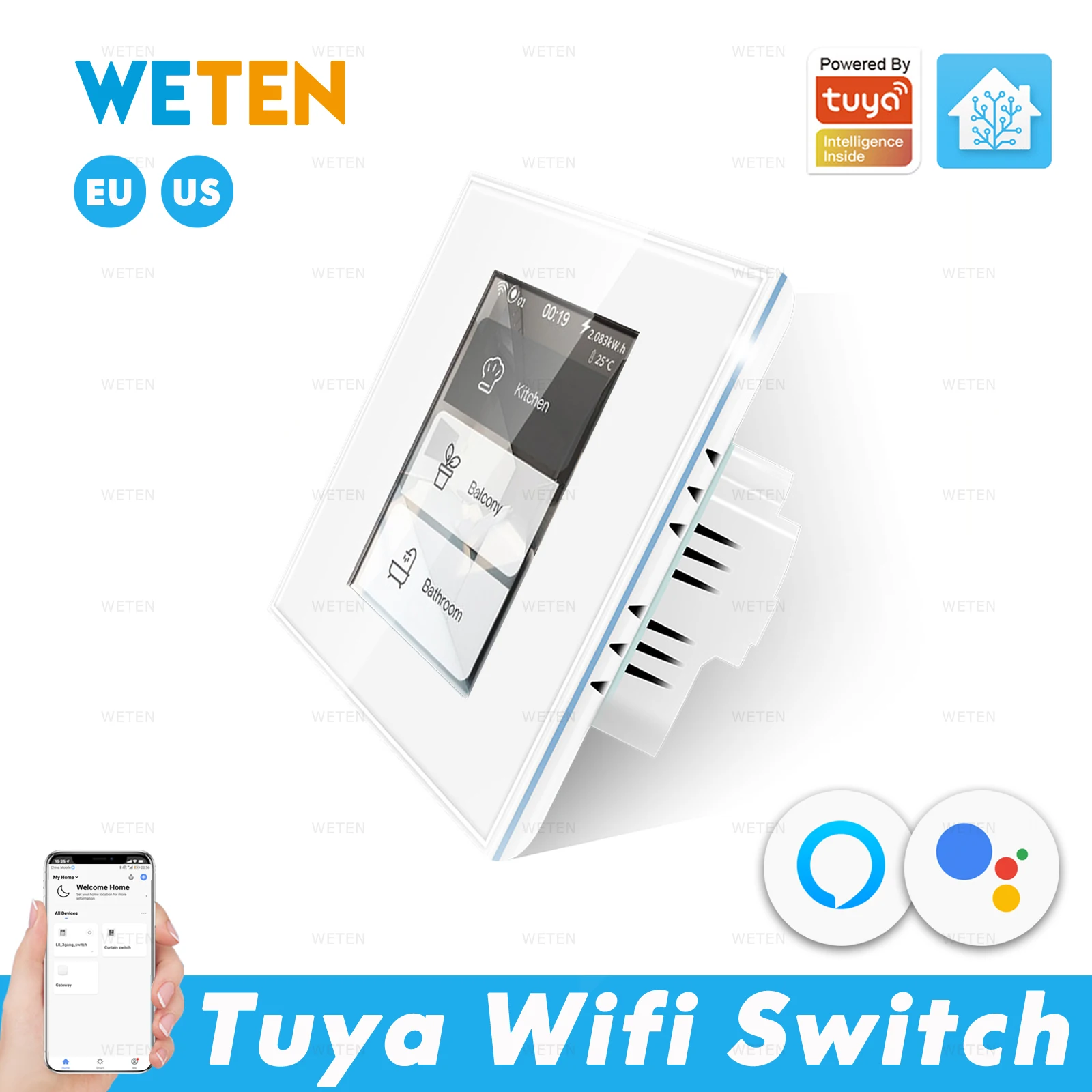 Tuya Wifi Smart Wall Light Switch ЖК-экран Сенсорная панель Монитор энергопотребления