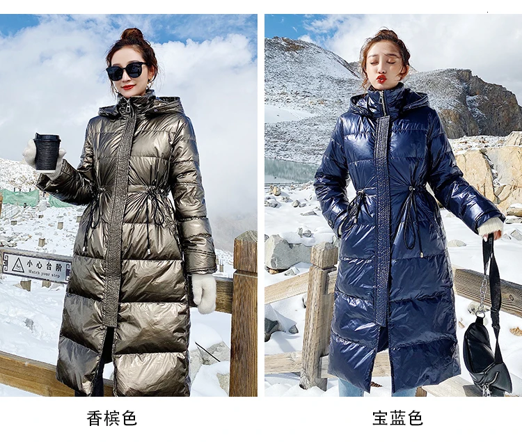 Пуховик из натурального меха норки, зимнее пальто для женщин, выше колена, шапка Harajuku, Корейская гладкая ткань, длинная парка для снежной погоды