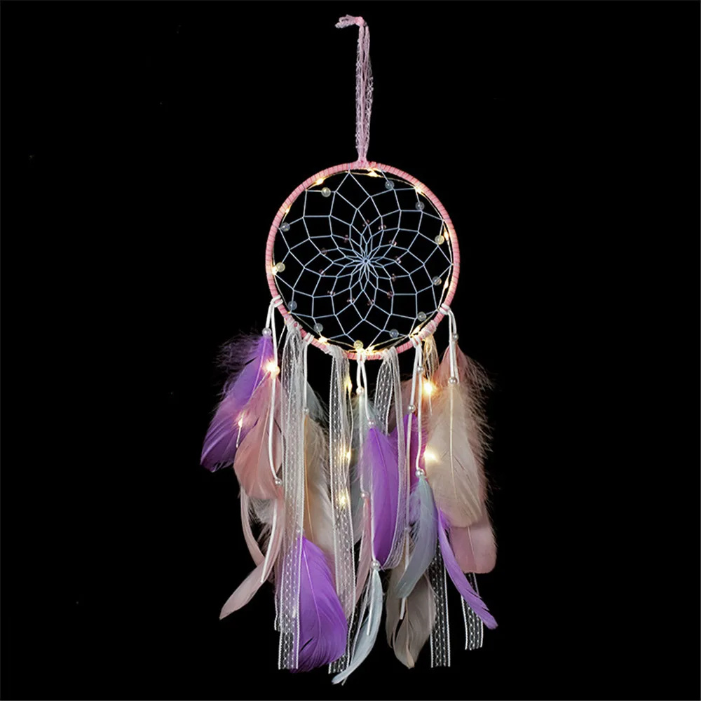 

Pastoral Creative Tassel Dream Catcher Dream Girl Heart Wind Chime Lovers Color Feather Home Decor Valentine's Day LED Lights