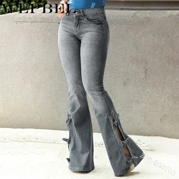 

WEPBEL Jeans Summer Solid Trumpet Stylish Side Knot Mid Streetwear Fashion Button Light Full Length Wide Leg Pants