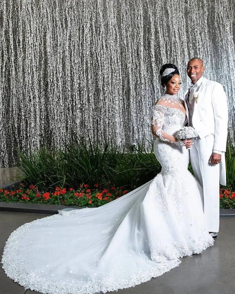 Роскошные Кристаллы Vestido de noiva юбка Русалка больших размеров Свадебные платья с высоким воротом Длинный рукав в арабском стиле платье невесты robe de mariee