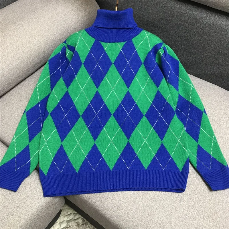 ^Cheap Luxury Designer Brand Knitted Sweater for Women Vintage High Collar Contrast Rhomboids Puff Sleeve Knitted Pullover Sweater