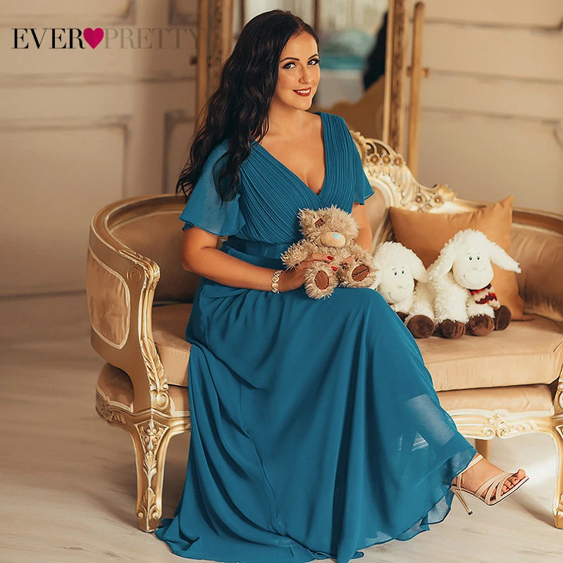 Plus Size Evening Dresses Ever Pretty V-neck Nay Blue Elegant A-line Chiffon Long Party Gowns 2020 Short Sleeve Occasion Dresses