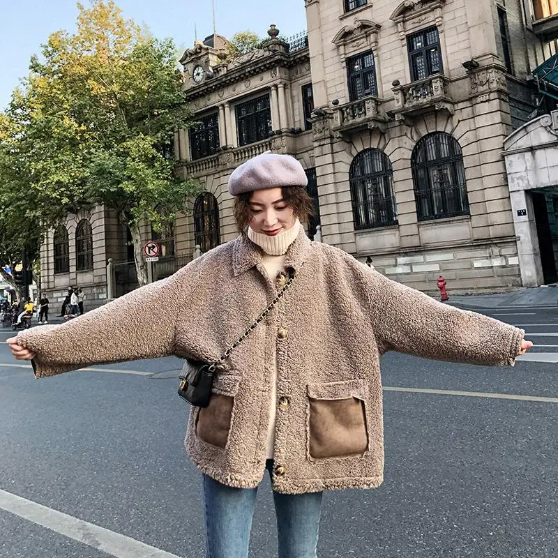 Khaki Vangull женские куртки из овечьего меха зимние толстые теплые женские пальто из овечьего меха Осенняя Мода Новые Длинные рукава однотонная свободная элегантная верхняя одежда - Цвет: Khaki