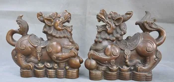 

Chinese brass Feng shui wealth yuanbao coin brave troops pixiu beast statue pair