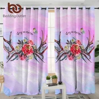 

BeddingOutlet Deer Antlers Blackout Curtain Watercolor Boho Window Curtain Animal Elk Horn Chic Peony Flower Living Room Curtain