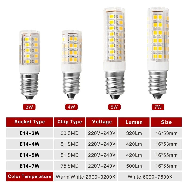할로겐 샹들리에 LED 램프 교체 전구, E14, 3W, 4W, 5W, 7W, 220V-240V, 미니 옥수수 전구, 2835SMD, 360 빔 각도, 2 개/로트