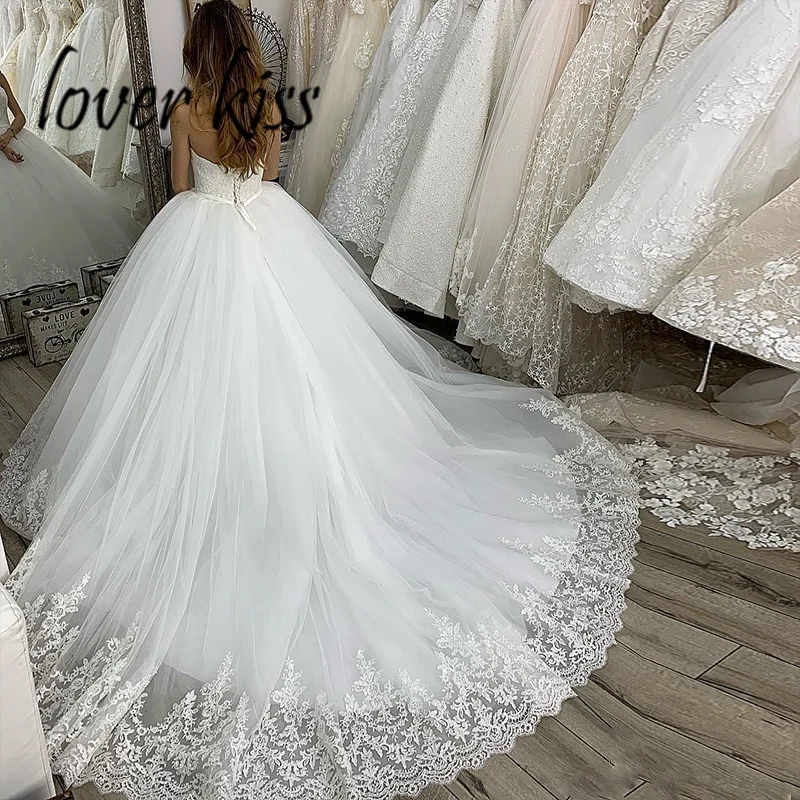 Lover Kiss vestido de Noiva, Бальные свадебные платья принцессы без бретелек со шлейфом, кружевные тюлевые Свадебные платья, vestido de casamento