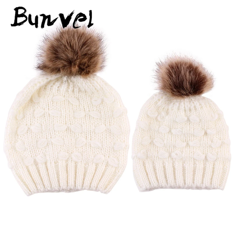 Bunvel Mommy and me Beanie, детская шапка, шапка для маленьких мальчиков, одежда для женщин и мужчин, вязаные теплые зимние шапки для детей, шапка для всей семьи 35 - Цвет: Белый