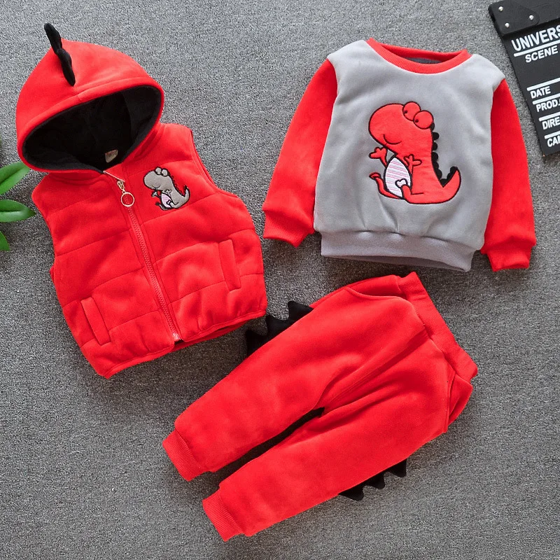 Children Plus Velvet Thickening Clothes Suit Winter Baby Boy Girl Cartoon Dinosaur Vest T Shirt Pants 3 Pcs/set Kids Tracksuits