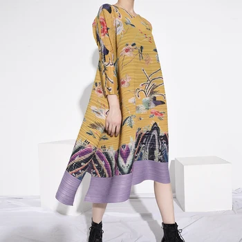 

LANMREM 2020 new autumn high quality loose pleated dresses female duchess elegant dress women large size printted clothes YJ735