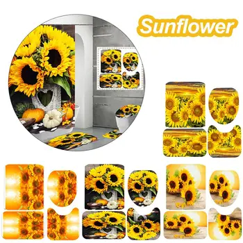 

4 Pcs Sunflower Pattern Bathroom Shower Curtain Toilet Cover Mat Non-Slip Floor Mat Rug Bathroom Set With 12 Hooks