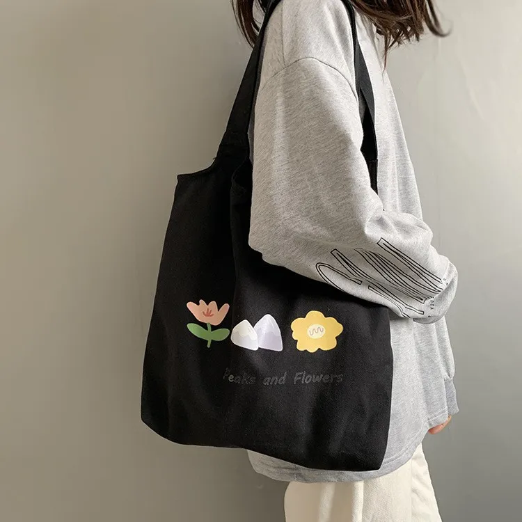 New Shopping Bags for Women Sweet Kawaii Printed Canvas Leisure Daily Shop High Quality Korean Style Grocery Bag