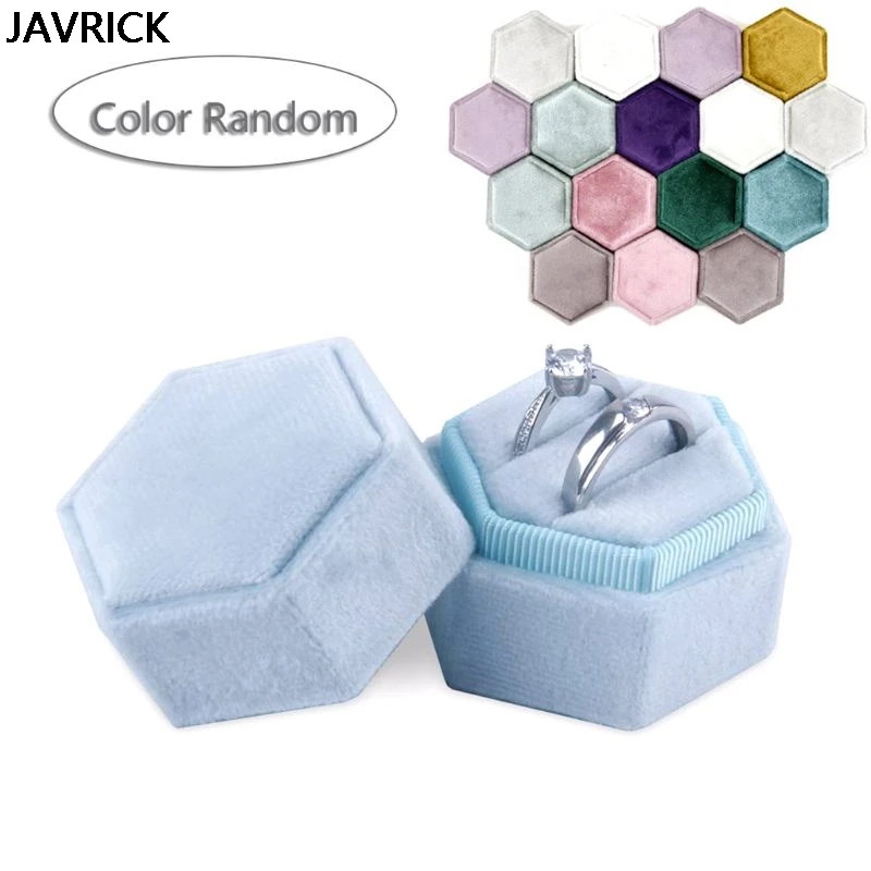 

Hexagon Velvet Ring Box Double Ring Display Holder Detachable Lid(Color Random) for Proposal & Wedding & Anniversary