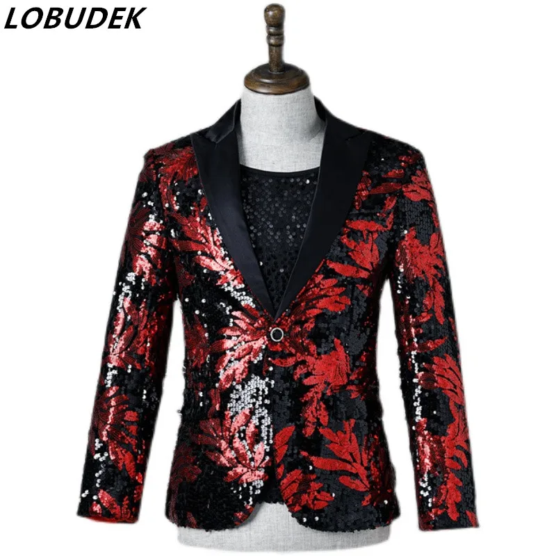

S-2XL Red Black Gradient Sequins Blazers Male Singer Host Stage Performance Floral Tuxedo Coat Bar Nightclub Shinny Costume