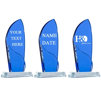 

H&D Customized Engraving Blue Duet Peak Crystal Trophy Cup Corporate Glass Adward for Employees Souvenirs Figurines Gift Decor
