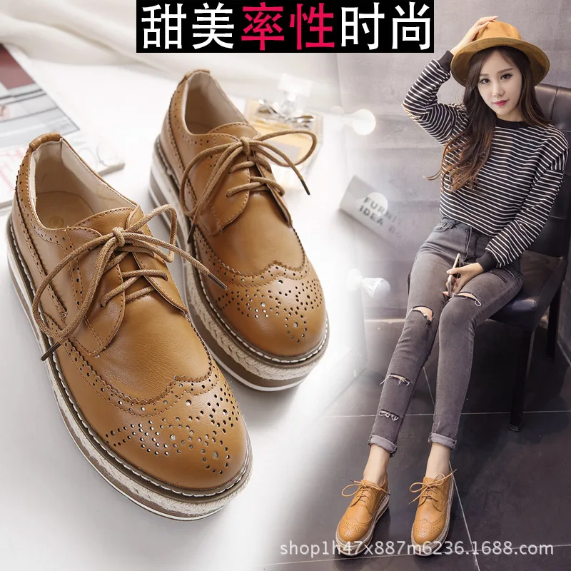 

New Style Single England Retro Varved round-Toe Flat Keel Thin Shoes Platform Heel Thick Bottomed WOMEN'S Shoes Bullock Lace-up