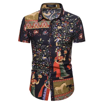 

Men Summer Flower Men Beach Floral Shirts Casual Short Sleeve Turn-Down Collar Print Button Down Fashion Shirt Top #330