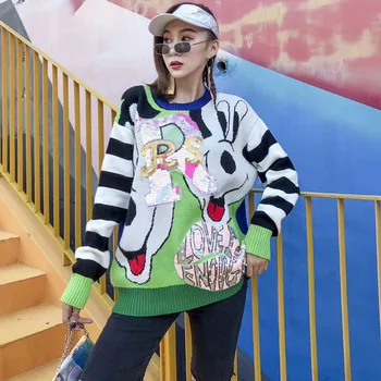 

2019 autumn and winter tide brand cartoon sequin stitching long sleeve head in the long section core yarn sweater sweater women